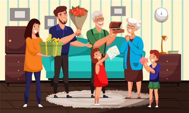 Grandmother birthday flat vector illustration Grandmother birthday flat vector illustration. Family greeting grandma with gifts. Grandchildren, grandfather giving presents to granny cartoon characters. Happy relatives celebrating anniversary birthday family stock illustrations