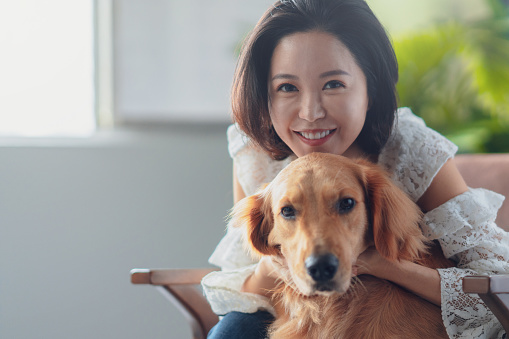 beautiful short hair korean woman and her pet dog golden retriever