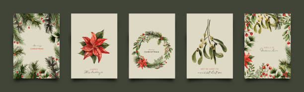 коллекция праздничных поздравительных открыток. векторная иллюстрация. - poinsettia christmas wreath flower stock illustrations