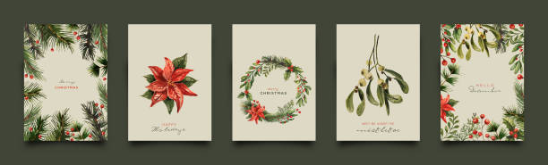 Watercolor Christmas card collection. Christmas elements and typography. Vector Illustration.
