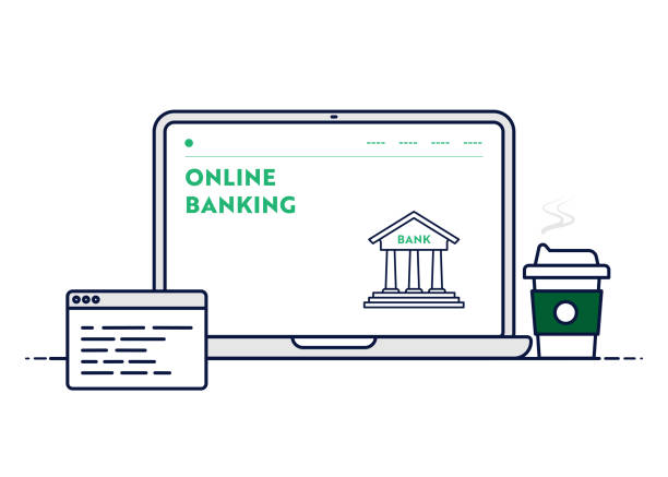 vector line illustration konzept für online banking. bearbeitbare strich und pixel perfekt. - elektronisches banking stock-grafiken, -clipart, -cartoons und -symbole