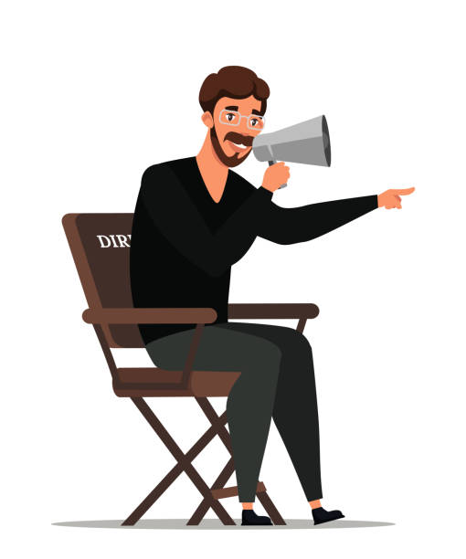 ilustraciones, imágenes clip art, dibujos animados e iconos de stock de guionista jefe de hombre con megáfono en silla - director de cine