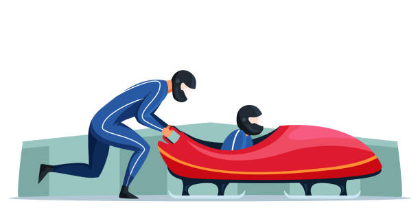 zwei sportler auf derbahn und bob-wintersport - bobfahren stock-grafiken, -clipart, -cartoons und -symbole