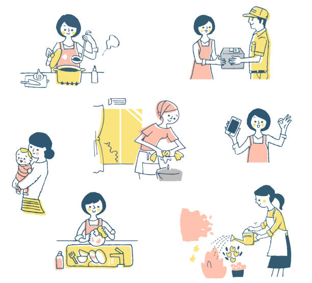 illustrations, cliparts, dessins animés et icônes de diverses scènes de travail pour femme au foyer de tous les jours - brosser illustrations