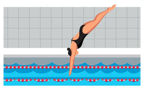 Vector illustration of Young sportswoman in swimsuit jumping in pool