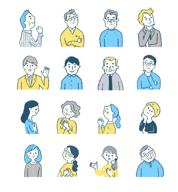 Various types of men and women people,　facial expression smiling illustrations stock illustrations