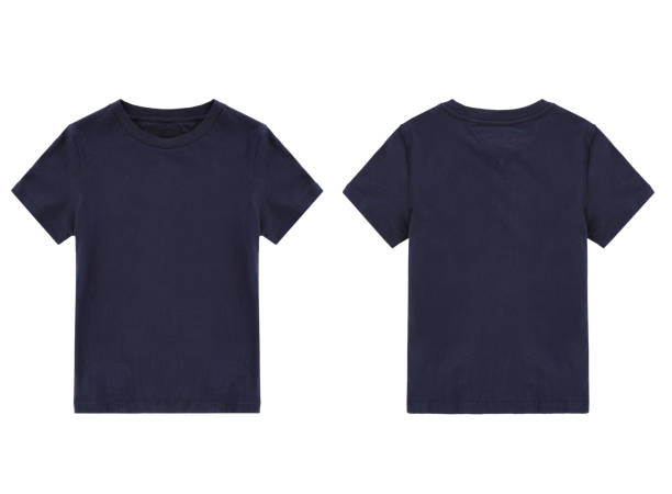 dark blue t-shirt, front and back view dark blue t-shirt, front and back view, clothes on isolated white background blue t shirt stock pictures, royalty-free photos & images