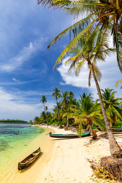 Dugout canoes on beautiful sand beach on San Blas Islands, Panama Dugout canoes on beautiful sand beach on San Blas Islands, Panama kuna yala stock pictures, royalty-free photos & images