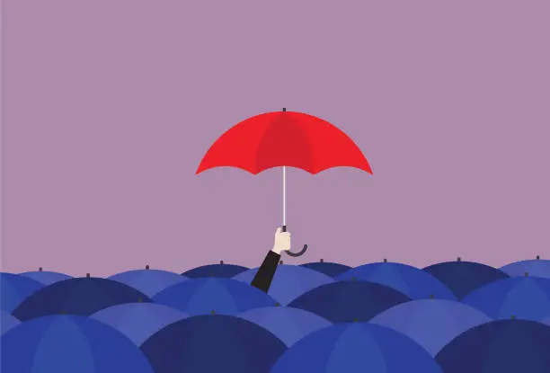 Vector illustration of Businessman holding a red umbrella in the crowd of a blue umbrella