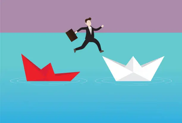 Vector illustration of Businessman jumping to a new paper boat from a sinking paper boat