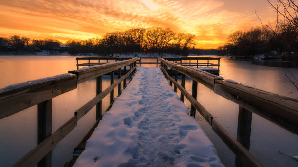 pier in a lake at sunset
