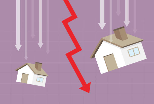 House and red arrow going down Graph, Residential Building, Built Structure, Chart, Home Finances, Recession, Arrow, Real estate deterioration stock illustrations
