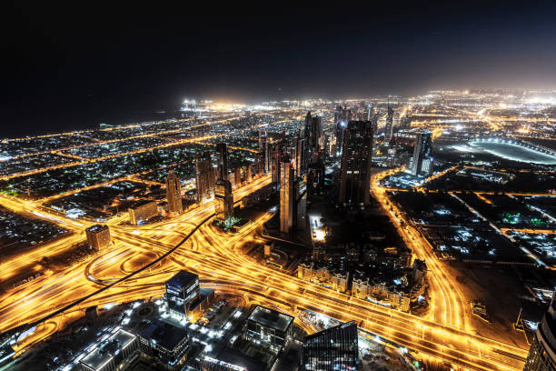 istock Aerial view on Sheikh Zayed Road, Dubai Downtown at dawn 1193118833