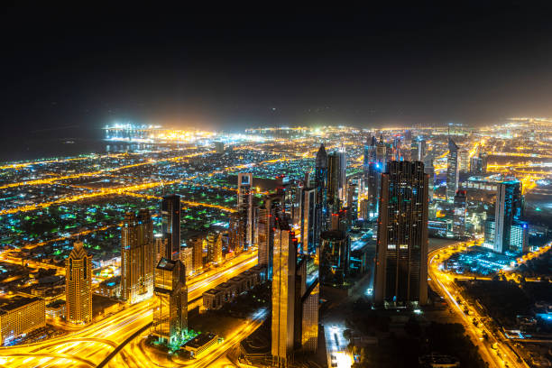 istock Aerial view on Sheikh Zayed Road, Dubai Downtown at dawn 1193118878