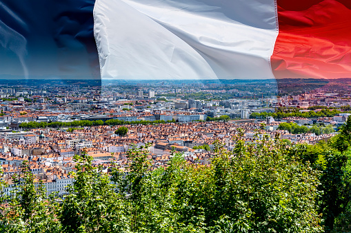 Panoramic view from Esplanade de Fourviere, Lyon, France which stands on a hill overlooking Lyon in France.