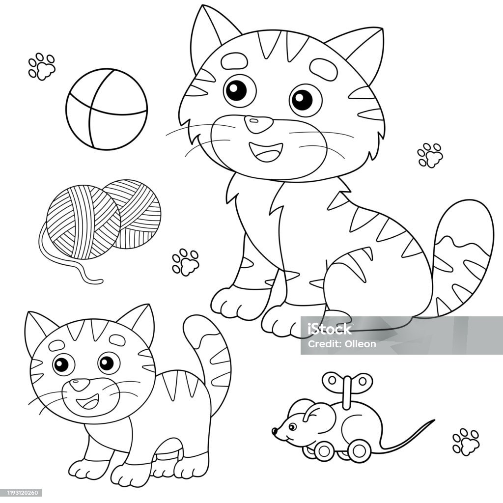 Coloring Page Outline Of Cartoon Cat With Kitten And With Toys Pets Coloring  Book For Kids Stock Illustration - Download Image Now - iStock