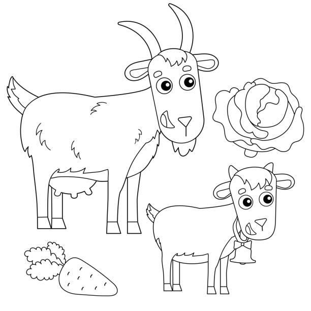 ilustrações, clipart, desenhos animados e ícones de colorir o esboço da página da cabra do baby-sitter do desenho animado com miúdo. animais de fazenda. livro para colorir para crianças. - goat animal black domestic animals
