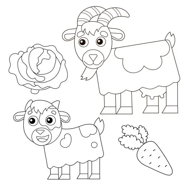 Vector illustration of Coloring Page Outline of cartoon nanny goat with kid. Farm animals. Coloring book for kids.