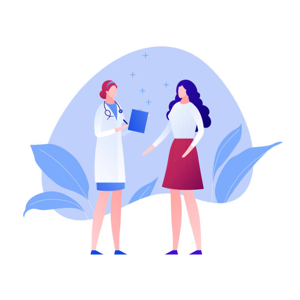 dokter vektor modern datar dan ilustrasi karakter pasien. petugas medis wanita dan wanita dengan latar belakang amoeba pada elemen desain putih untuk ginekologi, spanduk, poster, infografis, rumah sakit, klinik - ginekologis dokter ilustrasi stok