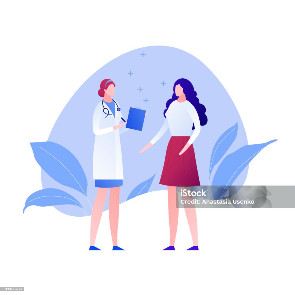 Vector modern flat doctor and patient character illustration. Female medic and woman on amoeba background on white Design element for gynecology, banner, poster, infographics, hospital, clinic - Royalty-free Doutor arte vetorial