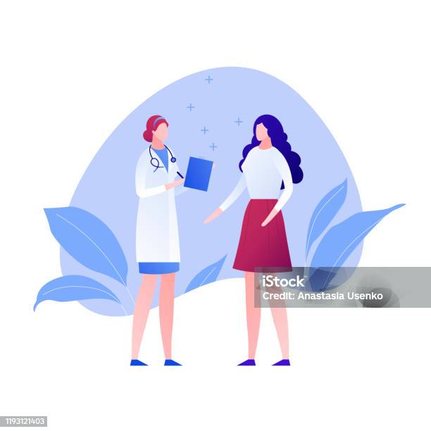 Vector Modern Flat Doctor And Patient Character Illustration Female Medic And Woman On Amoeba Background On White Design Element For Gynecology Banner Poster Infographics Hospital Clinic Stock Illustration - Download Image Now