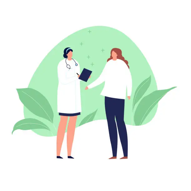 Vector illustration of Vector modern flat doctor and patient illustration. Medic with stethoscope and female talk on green fluid shape with leaf isolated on white background. Design element healthcare, medical clinic.