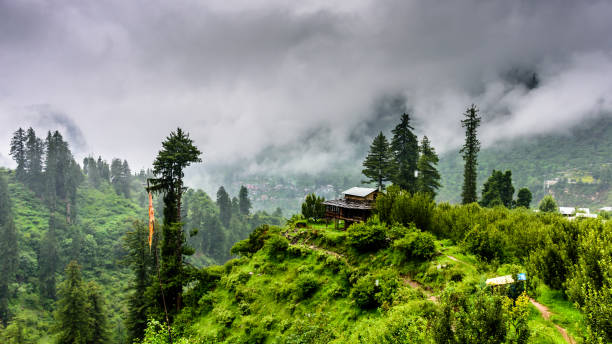 schönes parvati-tal während der monsunzeit mit wolken bedeckt - parvati stock-fotos und bilder