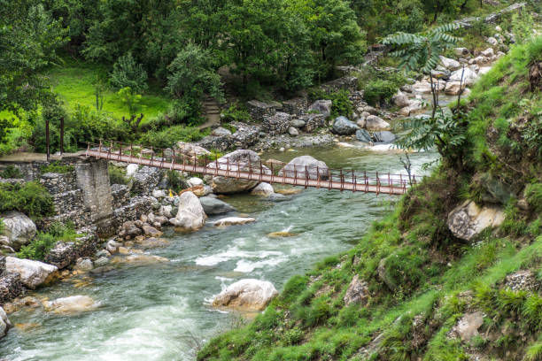 pont suspendu de piéton en bois au-dessus de la rivière de tirthan dans la vallée de tirthan, pradesh d'himachal, inde - himachal photos et images de collection