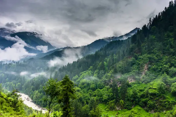 Beautiful natural scenery of Himalayan river valley during monsoon passing through lush green forest of Himalayan mountains