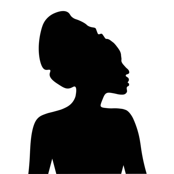머리 장식에 아프리카 여성의 검은 실루엣. 프로필 벡터 eps10 그림의 세로. - silhouette women black and white side view stock illustrations