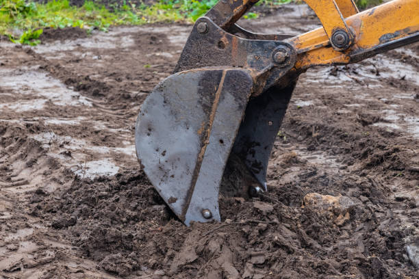 istock Bucket of excavator at work, construction machinery. Detail. 1193126607