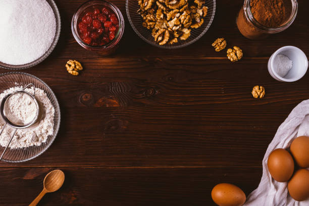 Flat lay frame of ingredients for cooking homemade brownie