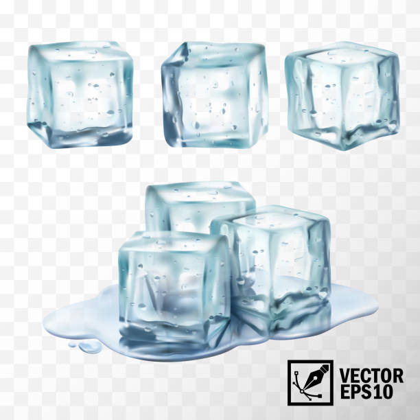 ilustraciones, imágenes clip art, dibujos animados e iconos de stock de 3d cubos de hielo transparentes vectoriales realistas en diferentes formas, derretiendo cubitos de hielo en un charco de agua - blue transparent cold cube
