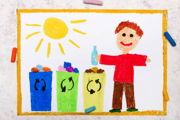 foto do desenho colorido: separação waste. menino de sorriso que segrega seu lixo aos escaninhos coloridos diferentes do lixo. triagem de resíduos para ajudar a prevenir o planeta - recycling recycling symbol environmentalist people - fotografias e filmes do acervo