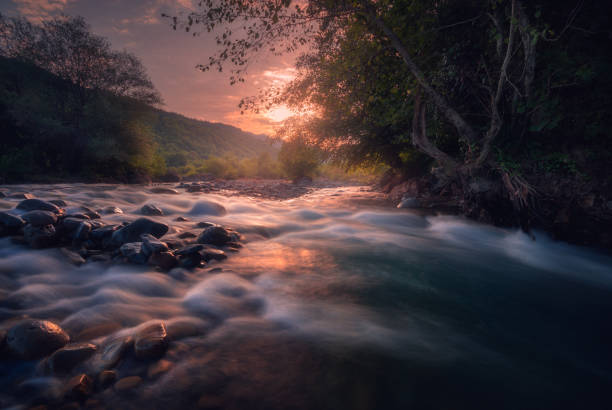 istock beautiful sunrise over fast flowing mountain river 1193131409