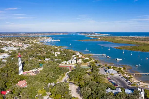 Drone angle view of St. Augustine Lighthouse and Matanzas River.