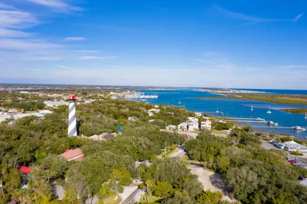 Drone angle view of St. Augustine Lighthouse and Matanzas River.