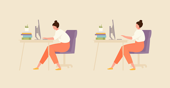 Sitting girl with correct and incorrect posture. Office and workplace hygiene illustration