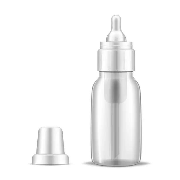 Vector illustration of Newborn feeding clear bottle with nipple pacifier and open cap, realistic vector mockup. Small transparent empty baby feeder isolated on white background, mock-up