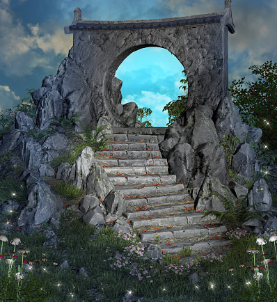 Flight of stairs leading to a magic gateway at evening time – 3D render
