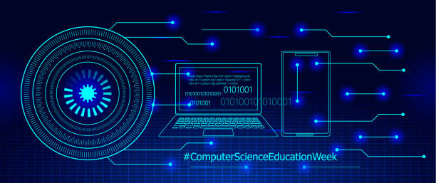istock Computer Science Education Week is celebrated in USA during the second week in December. Hour of Code concept vector. Digital future waves in cyberspace with grid. 1193137458