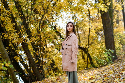 Autumn park. Beautiful woman in green dress posing in autumn park with yellow leaves