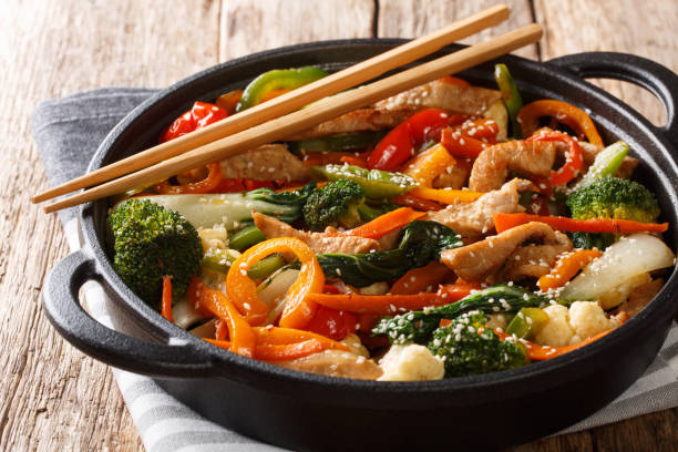 istock Healthy stir fried pork with different vegetables close-up in a pan. horizontal 1193138631