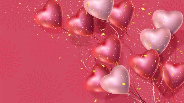 glücklich valentinstag banner, 3d rot und rosa herz ballons, goldene konfetti - heart balloon stock-grafiken, -clipart, -cartoons und -symbole