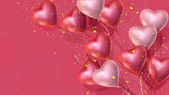 Happy Valentines Day banner, 3d red and pink heart balloons, golden confetti