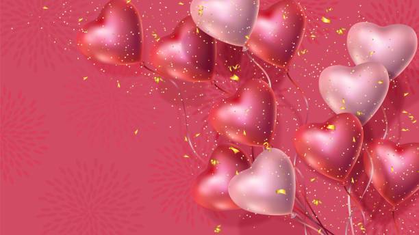 Happy Valentines Day banner, 3d red and pink heart balloons, golden confetti Happy Valentines Day banner with 3d red and pink heart-shaped helium balloons, golden confetti. Vector advertising background for February 14, wedding, engagement, anniversary, birthday Space for text balloon backgrounds stock illustrations