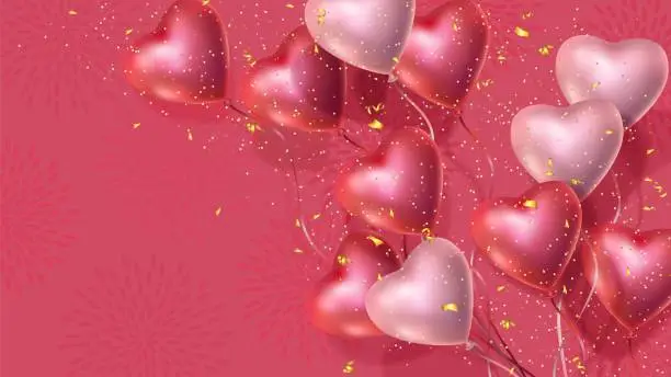 Vector illustration of Happy Valentines Day banner, 3d red and pink heart balloons, golden confetti