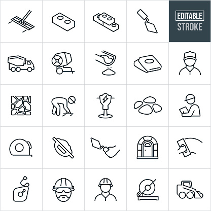 A set of Masonry icons that include editable strokes or outlines using the EPS vector file. The icons include construction workers, masons, bricks, cement, bull float, hand trowel, cement truck, cement mixer, concrete, cement bags, pavers, stone work, jackhammer, rocks, foreman, workers, tape measure, chalk line, hard hat, saw and other equipment.