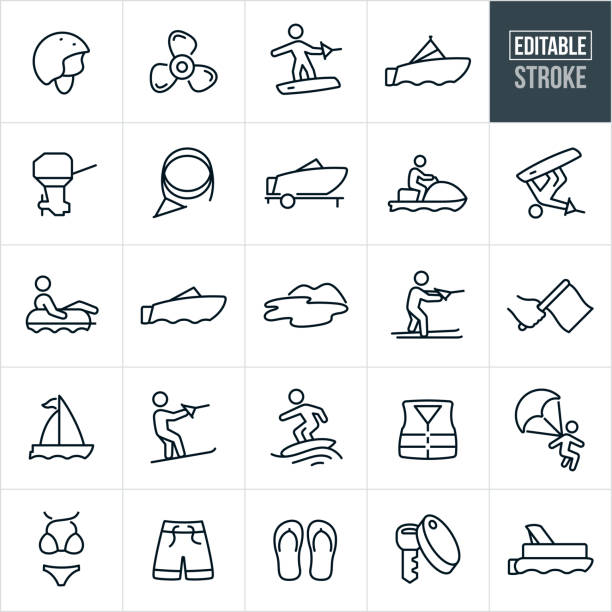 Boating Thin Line Icons - Editable Stroke A set boating icons that include editable strokes or outlines using the EPS vector file. The icons include a motor boat, ski boat, prop, propeller, boat engine, helmet, wakeboarder, wake boarding, ski rope, boat trailer, personal watercraft, wakeboarder doing tricks, tubing, lake, recreational activity, sport, water skiing, sailboat, sailing, slalom water skiing, lifejacket, wake surfing, parasailing, bikini, bathing suit, swim suit, flip flops and pontoon boat. pontoon boat stock illustrations