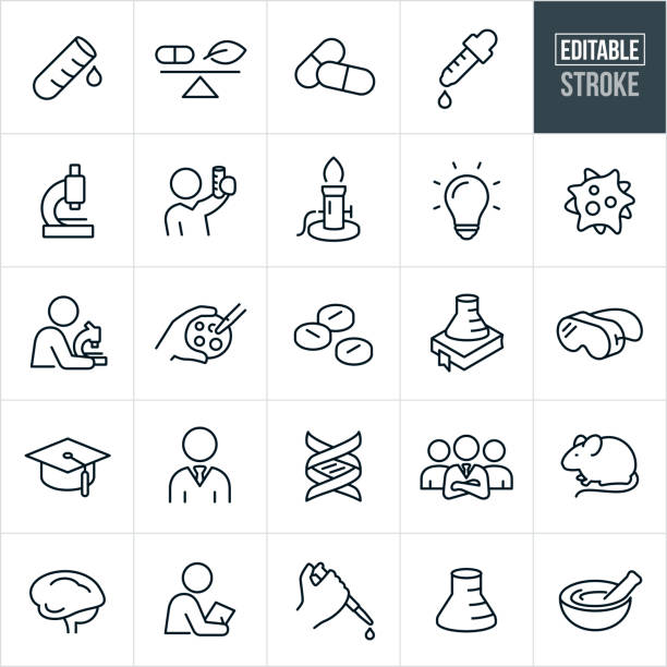 Biomedical Science Thin Line Icons - Editable Stroke A set biomedical science icons that include editable strokes or outlines using the EPS vector file. The icons include scientists, science, test tube, lab beaker, pills, medicine, scientific experiment, petri dish, DNA strand, lab rat, research, experiment, burner, light bulb, education, molecular structure, eye dropper,  virus, super bug, capsules, microscope along with other related icons. animal internal organ stock illustrations